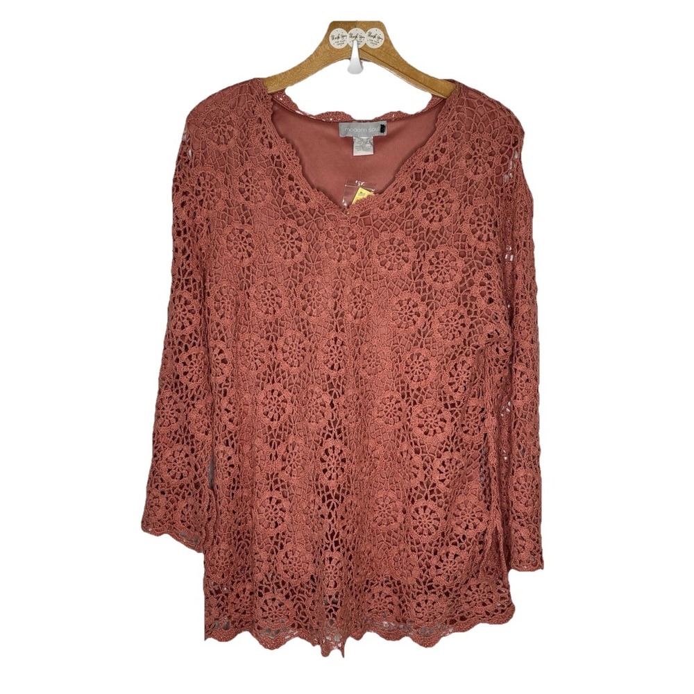 Modern Soul Crochet NEW Top LG Salmon Pink Bell Sleeve Shirt Boho‎ Festival NWT